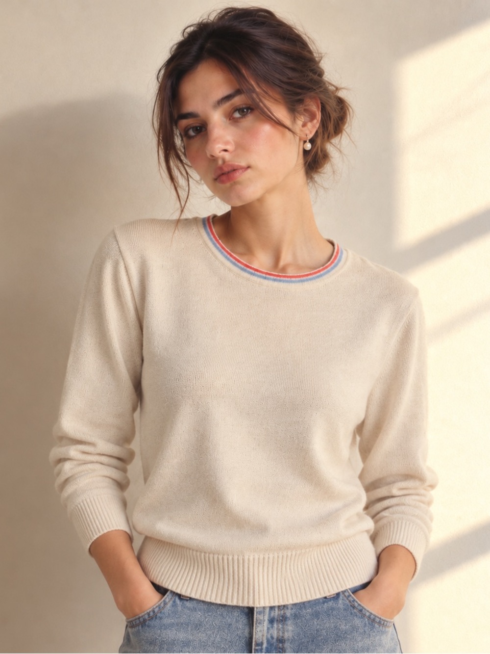 Vintage GAP Cotton Cashemre Crewneck Sweater with Rainbow Neckline